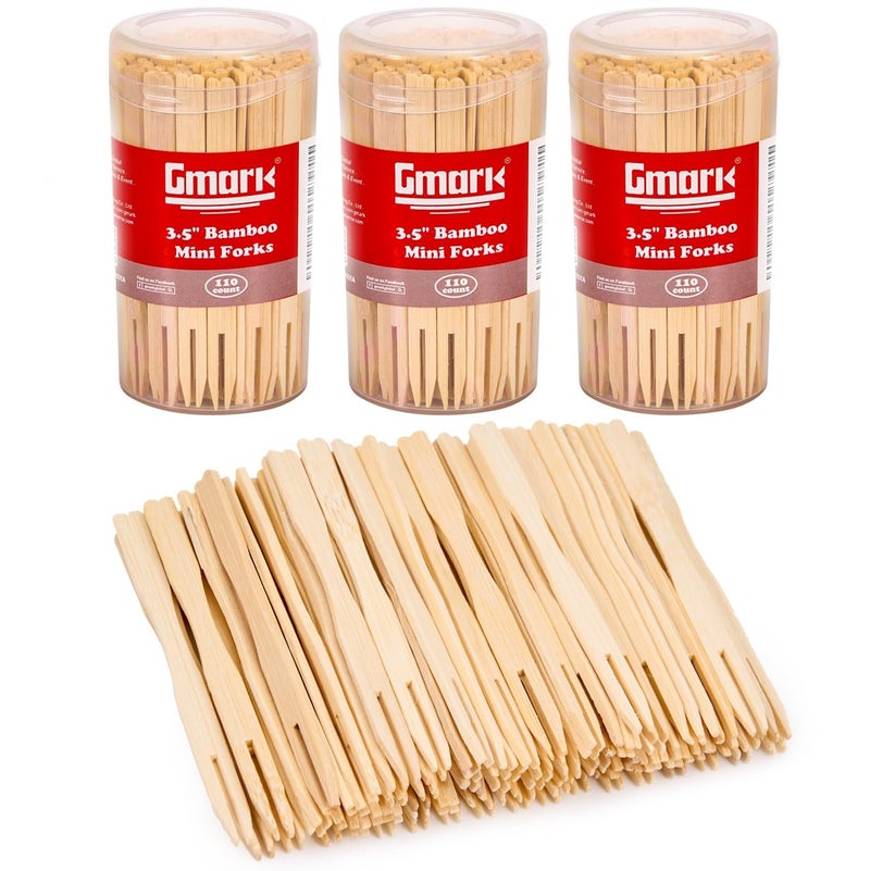Gmark Bamboo Double Prongs Mini Forks 3.5 Inch 330pc, Food Picks/Fruit Picks/Cocktail Forks/Party Forks/Buffet Forks/Two Prongs Cocktail Picks for Appetizer, Cocktail, Pastry, Dessert. GM1031C - Image 1
